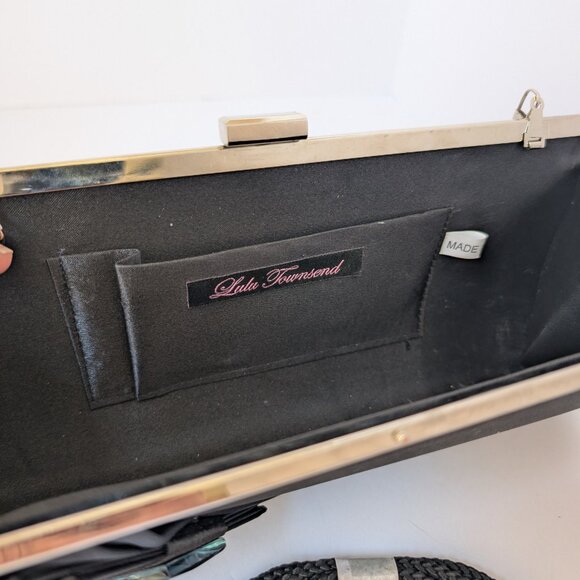 Lulu Townsend black satine clutch with silver trim and bow accent. - Picture 5 of 6